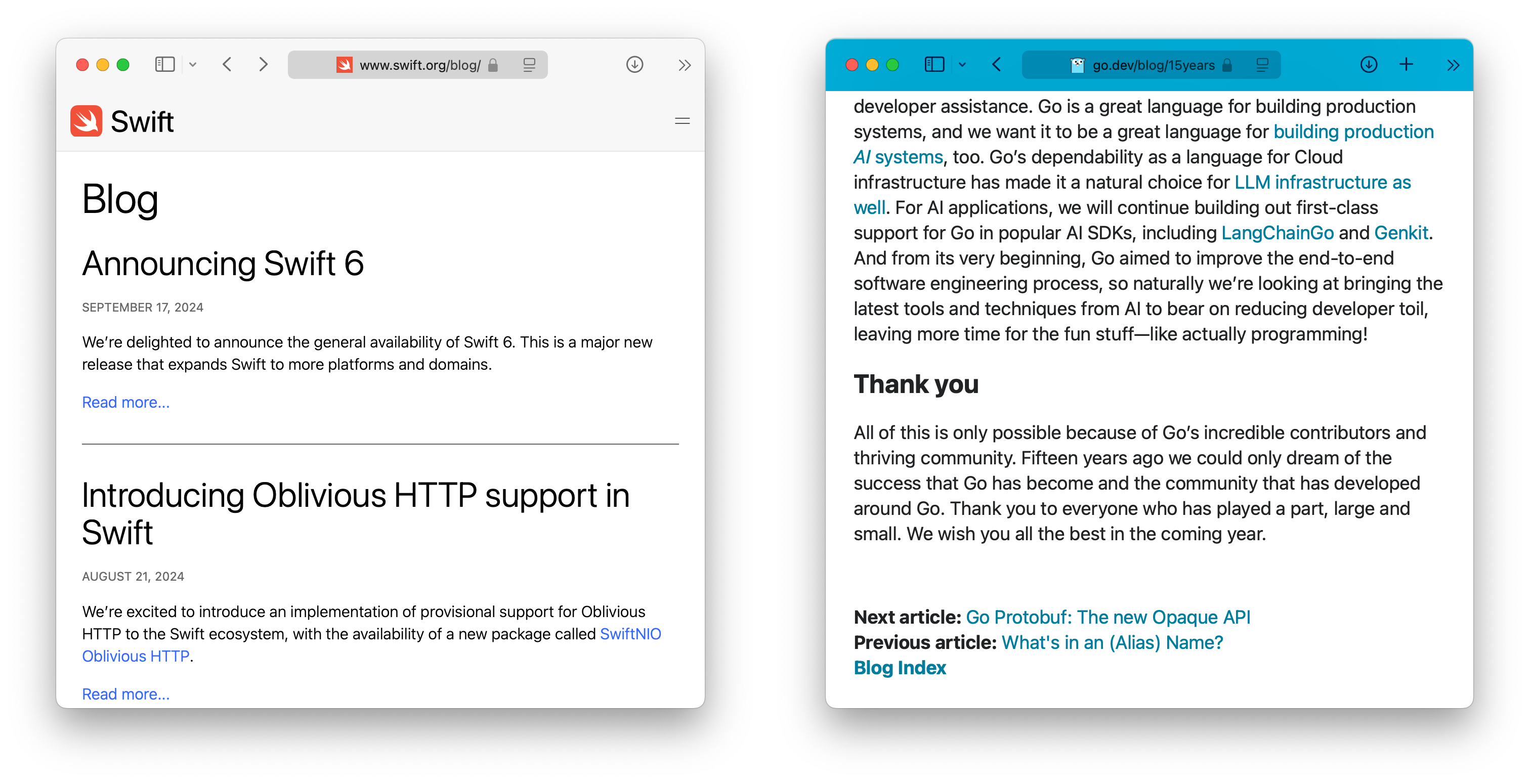 两个博客站点的截图，展示了 Swift 语言博客的索引页和 Go 语言博客中的 Next article 和 Previous article 链接